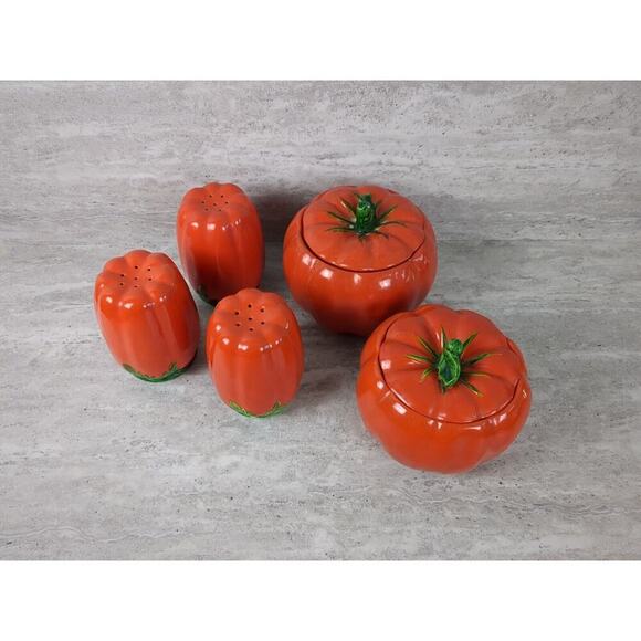 Vintage Maruhon Ware Tomato Salt & Pepper Set w/ Sugar Canisters - Picture 2 of 8